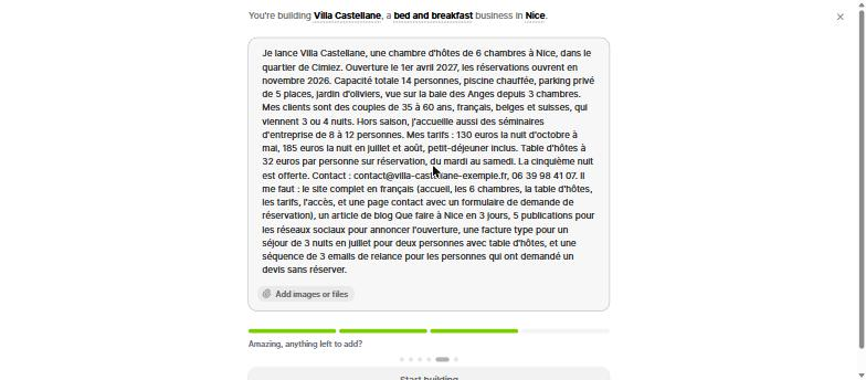 Brief saisi dans Durable pour générer le site d'une chambre d'hôtes