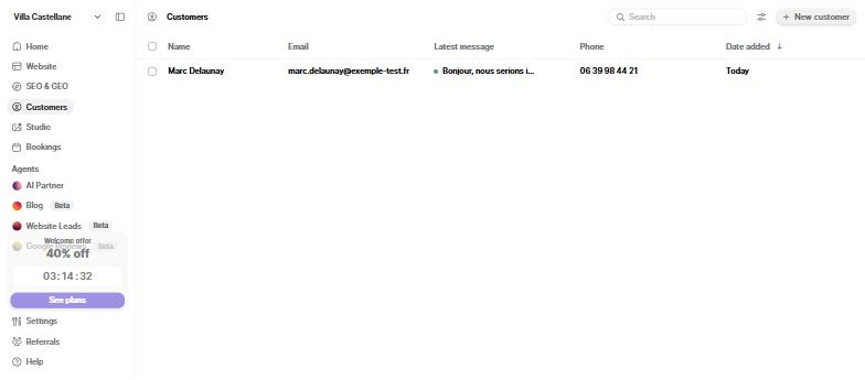 Contact reçu dans le CRM intégré de Durable