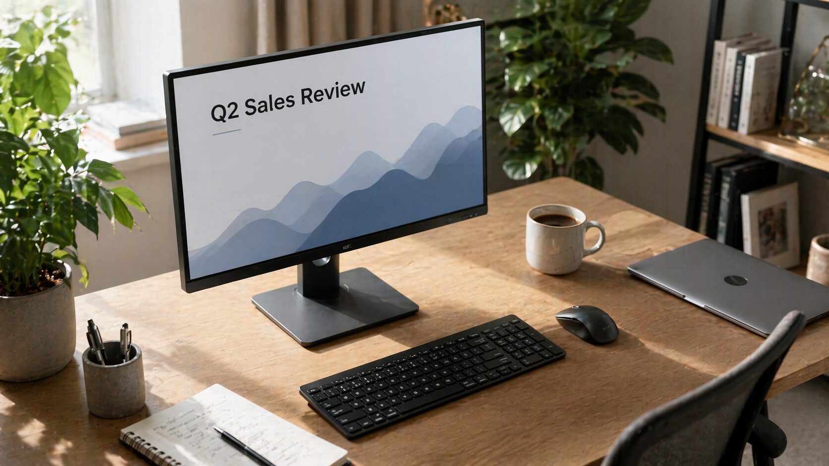 Résultat gpt-image-2 : espace de travail avec écran affichant Q2 Sales Review