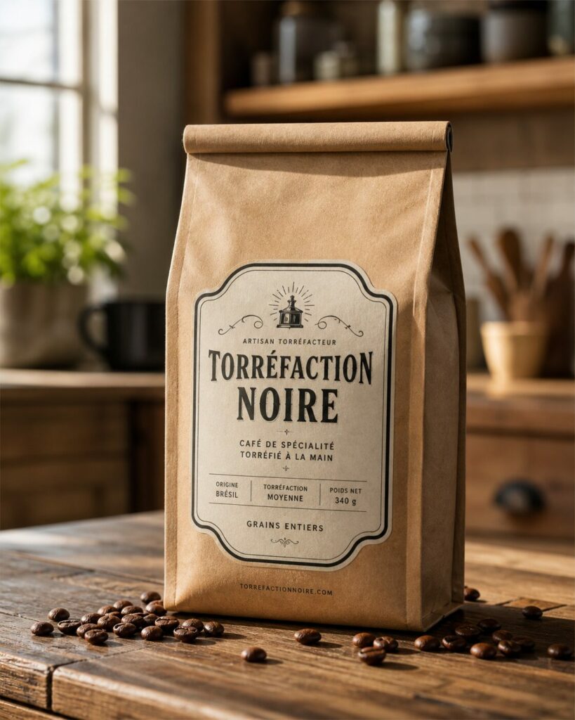 Packaging café artisanal généré avec ChatGPT Images 2.0 avec étiquette lisible sur sachet kraft