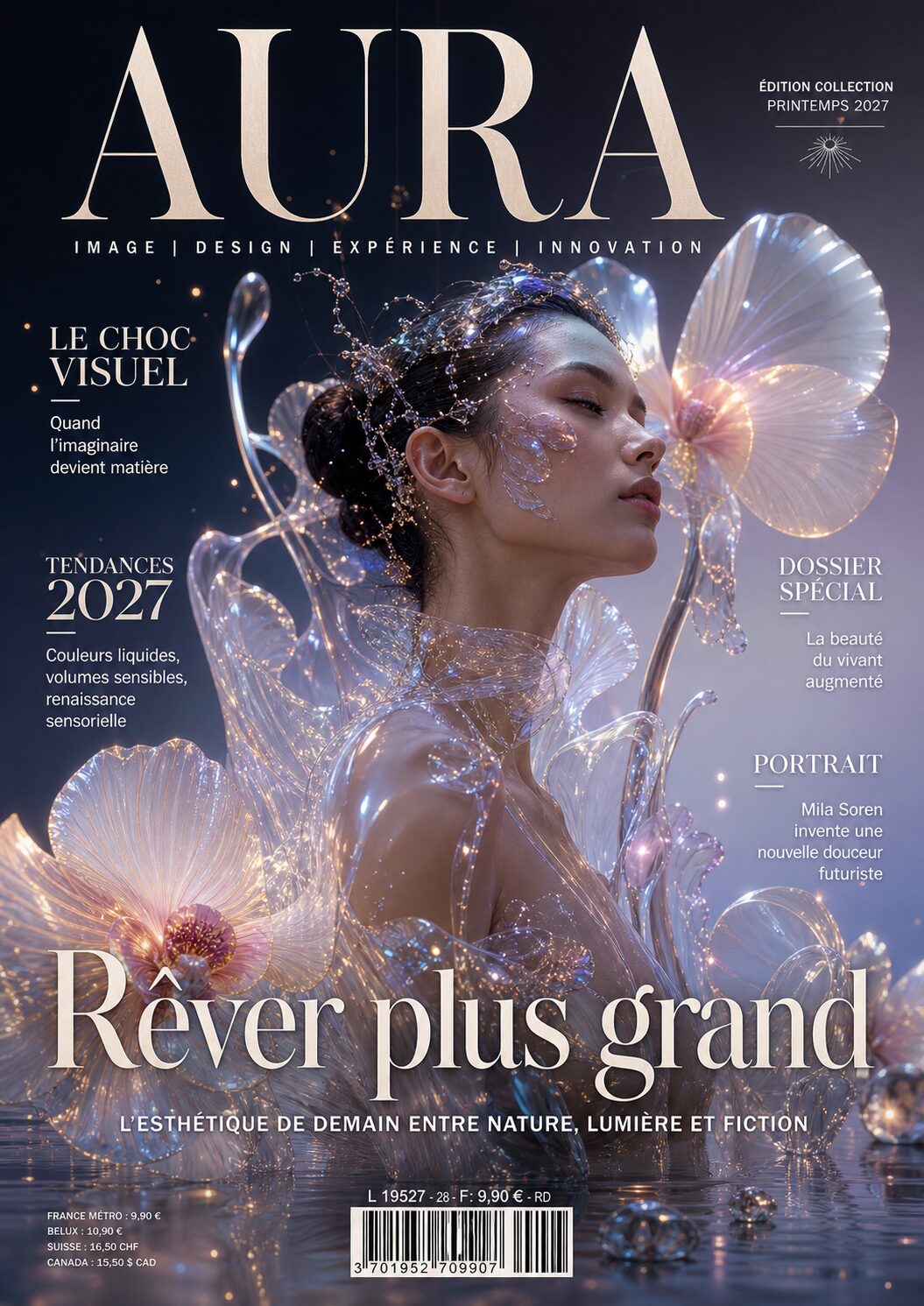 Couverture de magazine Aura générée avec ChatGPT Images 2.0 avec univers visuel futuriste et texte intégré