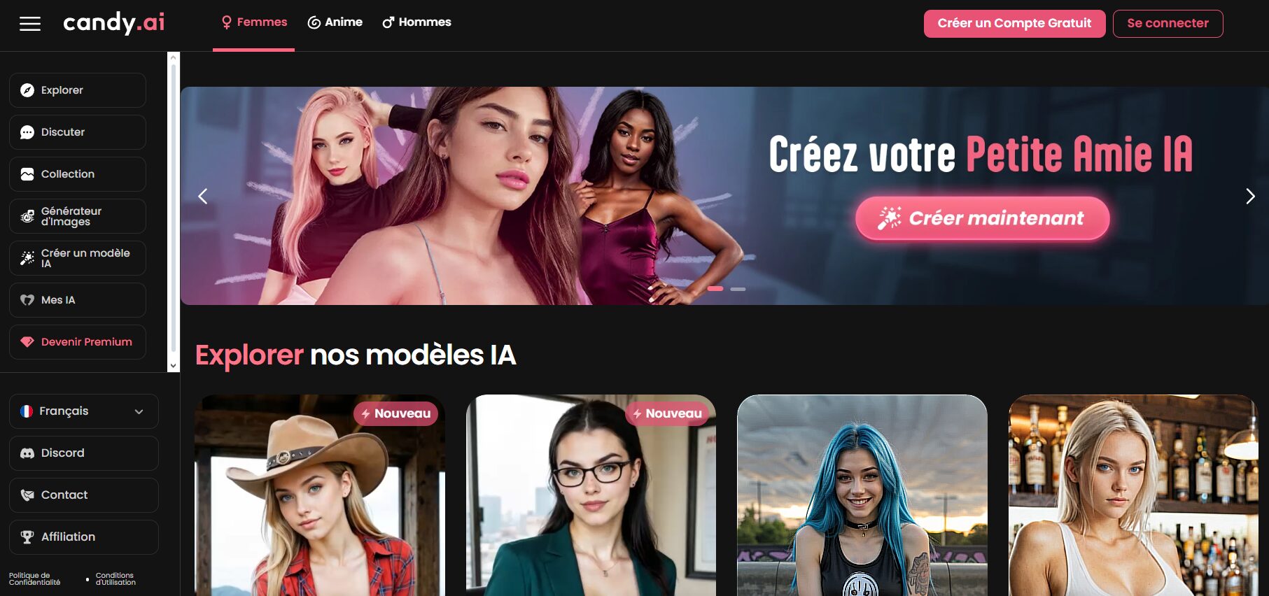 Interface de l'application Candy.ia montrant un chat avec un compagnon virtuel