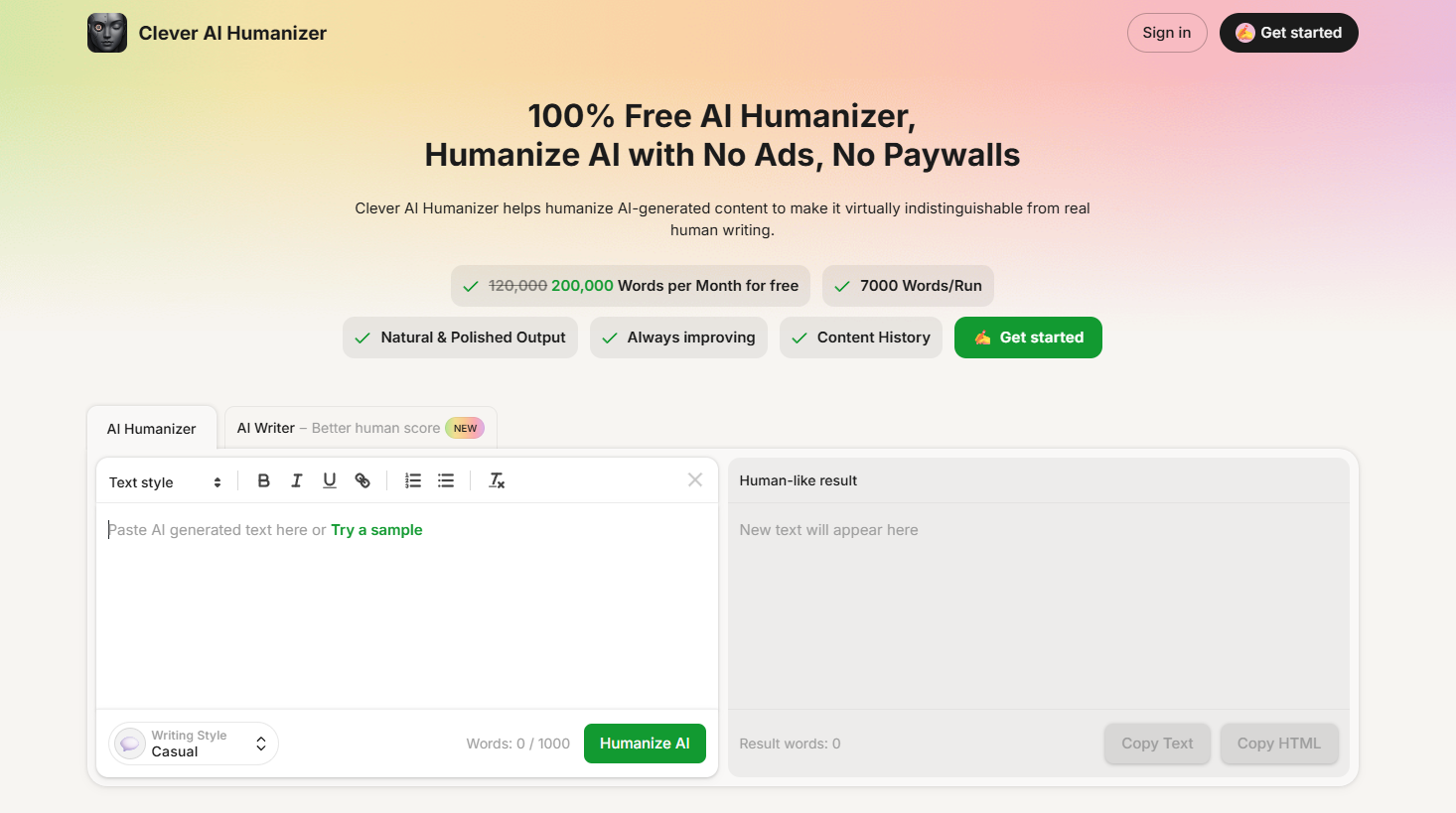 Clever AI Humanizer : humaniser du texte IA gratuitement