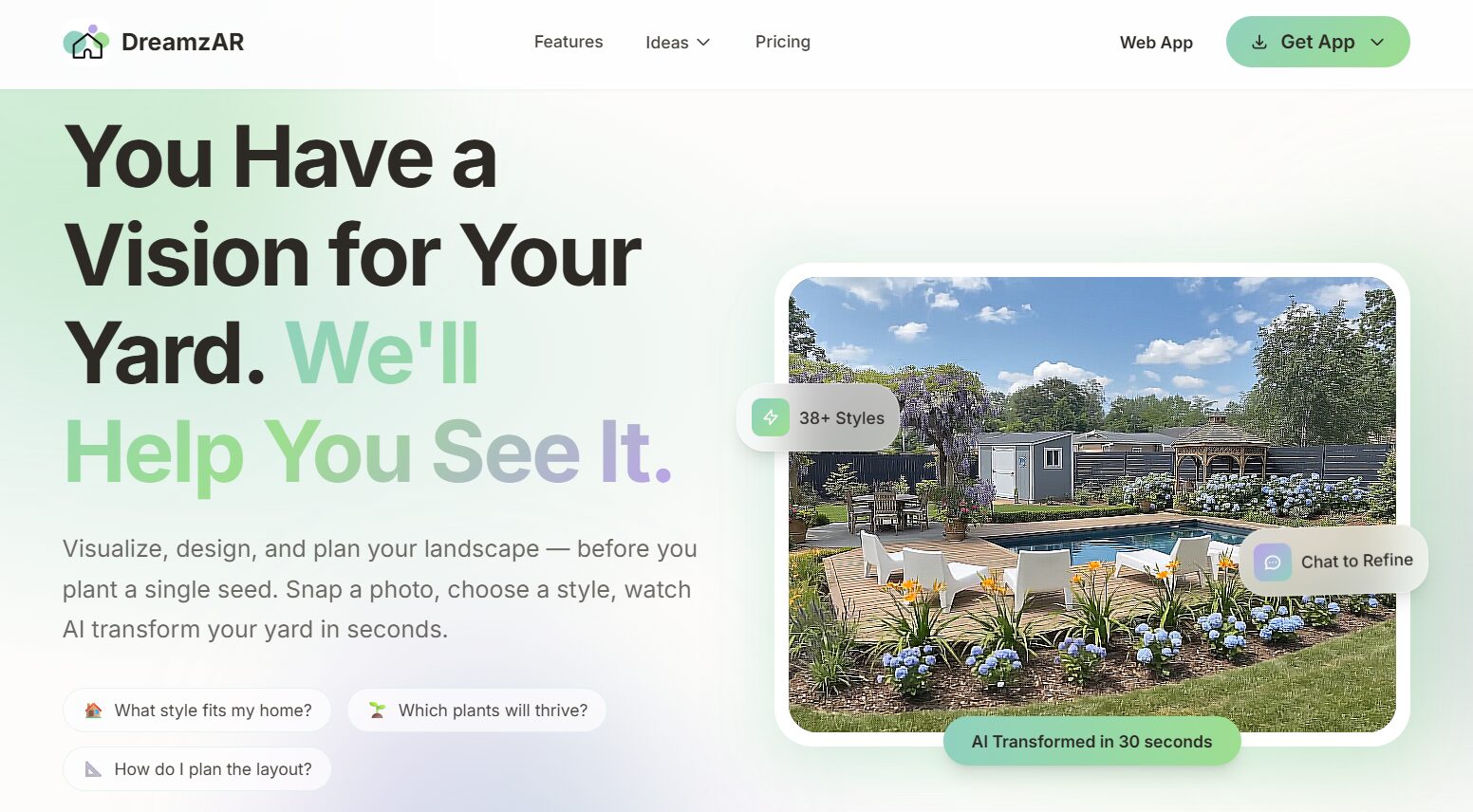 DreamzAR : design jardin IA, éditeur 2D et AR 3D