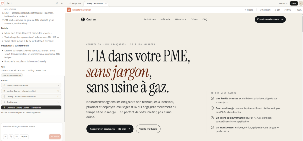 Premier jet d'une landing page générée avec Claude Design à partir d'un prompt