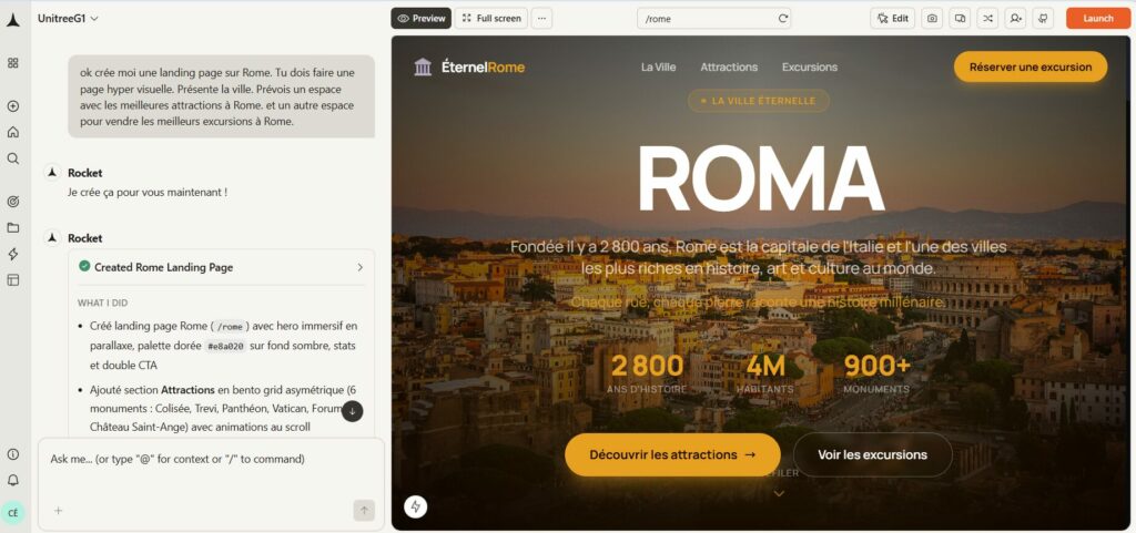 Premier jet d'une landing page Rome générée avec Rocket.new