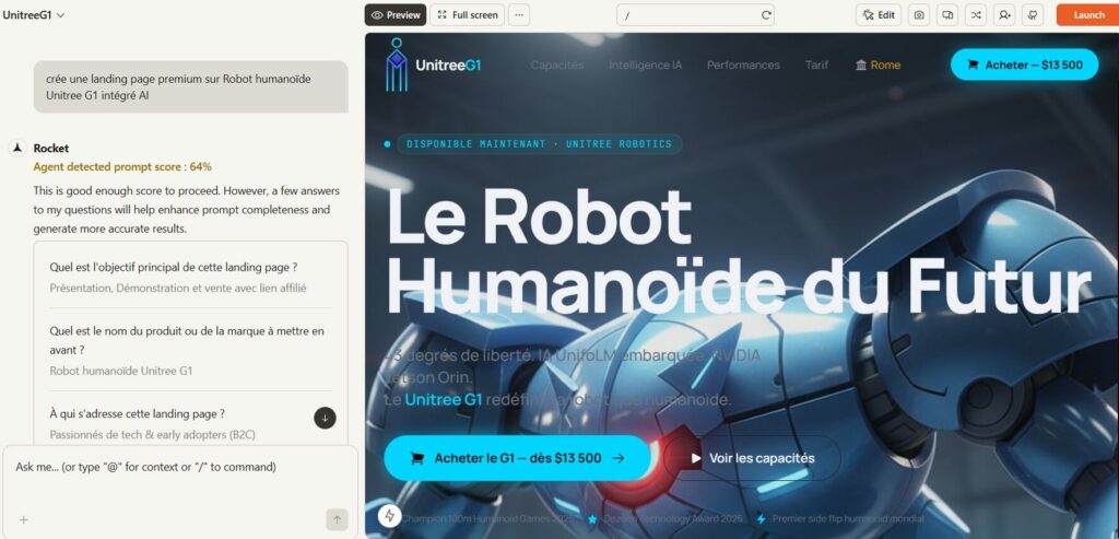 Premier jet d'une landing page Unitree G1 générée avec Rocket.new